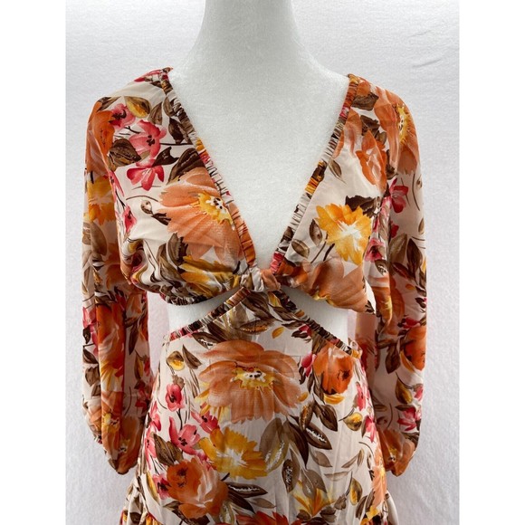 Hello Molly Midi Dress Size S Don't Stop Me Floral Orange Cut Out Long Sleeve - Picture 4 of 10